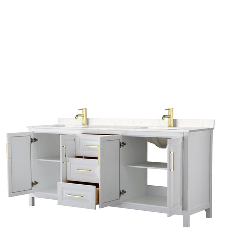 Daria 80 Inch Double Bathroom Vanity in White Carrara Cultured Marble Countertop Undermount Square Sinks Brushed Gold Trim
