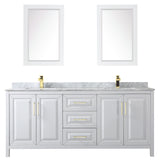 Daria 80 Inch Double Bathroom Vanity in White White Carrara Marble Countertop Undermount Square Sinks 24 Inch Mirrors Brushed Gold Trim