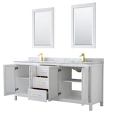 Daria 80 Inch Double Bathroom Vanity in White White Carrara Marble Countertop Undermount Square Sinks 24 Inch Mirrors Brushed Gold Trim