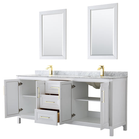 Daria 80 Inch Double Bathroom Vanity in White White Carrara Marble Countertop Undermount Square Sinks 24 Inch Mirrors Brushed Gold Trim