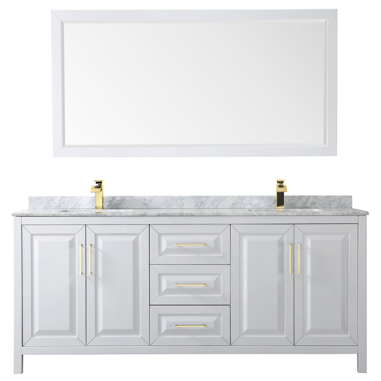 Daria 80 Inch Double Bathroom Vanity in White White Carrara Marble Countertop Undermount Square Sinks 70 Inch Mirror Brushed Gold Trim