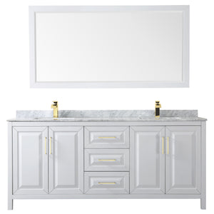 Daria 80 Inch Double Bathroom Vanity in White White Carrara Marble Countertop Undermount Square Sinks 70 Inch Mirror Brushed Gold Trim
