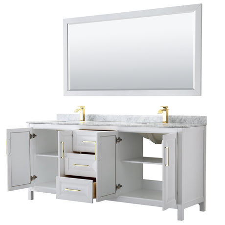 Daria 80 Inch Double Bathroom Vanity in White White Carrara Marble Countertop Undermount Square Sinks 70 Inch Mirror Brushed Gold Trim