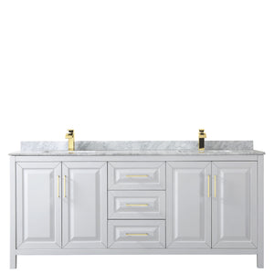 Daria 80 Inch Double Bathroom Vanity in White White Carrara Marble Countertop Undermount Square Sinks Brushed Gold Trim