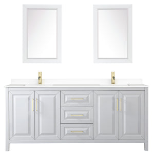 Daria 80 Inch Double Bathroom Vanity in White White Cultured Marble Countertop Undermount Square Sinks 24 Inch Mirrors Brushed Gold Trim