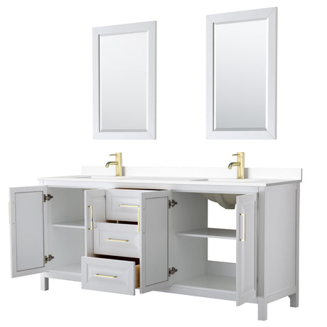 Daria 80 Inch Double Bathroom Vanity in White White Cultured Marble Countertop Undermount Square Sinks 24 Inch Mirrors Brushed Gold Trim