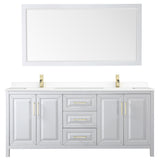 Daria 80 Inch Double Bathroom Vanity in White White Cultured Marble Countertop Undermount Square Sinks 70 Inch Mirror Brushed Gold Trim