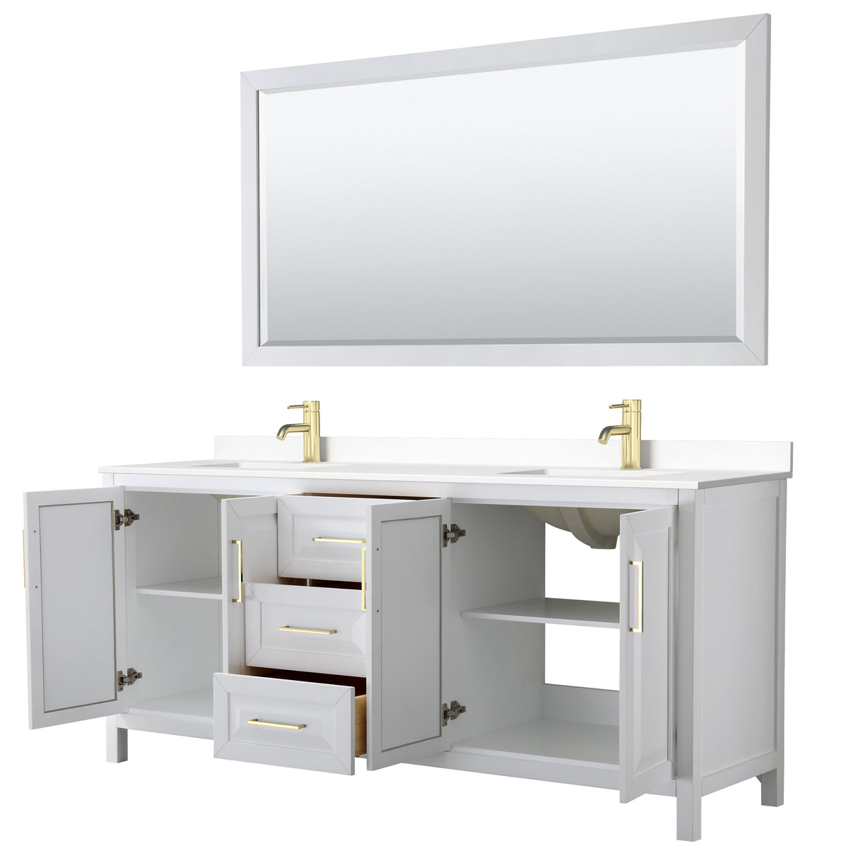 Daria 80 Inch Double Bathroom Vanity in White White Cultured Marble Countertop Undermount Square Sinks 70 Inch Mirror Brushed Gold Trim
