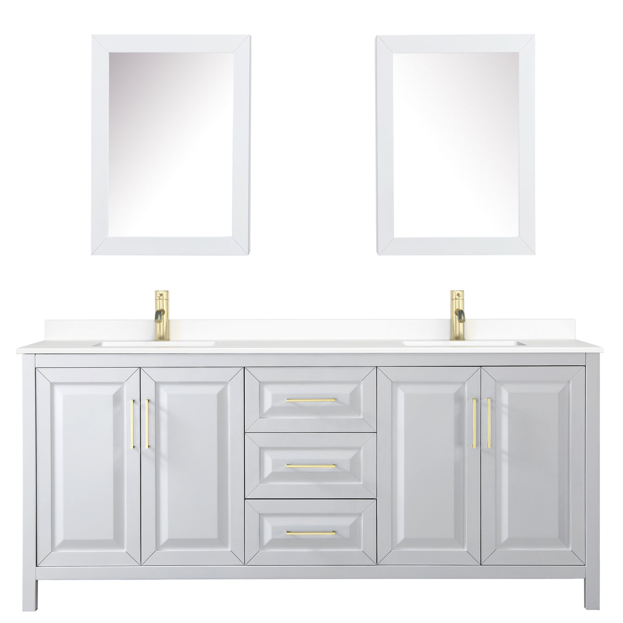 Daria 80 Inch Double Bathroom Vanity in White White Cultured Marble Countertop Undermount Square Sinks Medicine Cabinets Brushed Gold Trim