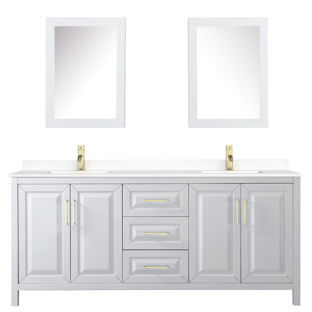 Daria 80 Inch Double Bathroom Vanity in White White Cultured Marble Countertop Undermount Square Sinks Medicine Cabinets Brushed Gold Trim