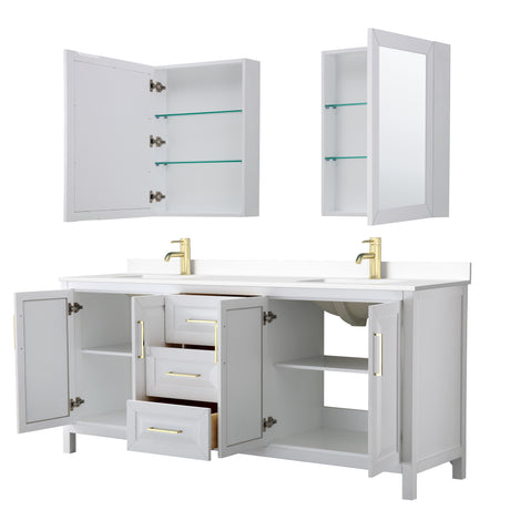 Daria 80 Inch Double Bathroom Vanity in White White Cultured Marble Countertop Undermount Square Sinks Medicine Cabinets Brushed Gold Trim