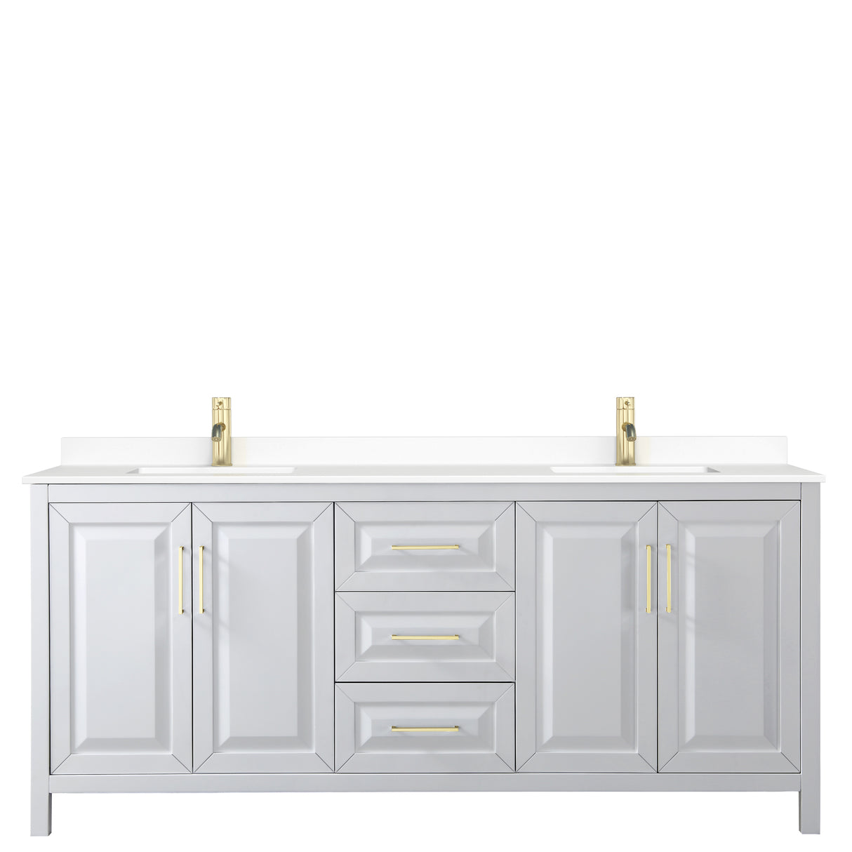 Daria 80 Inch Double Bathroom Vanity in White White Cultured Marble Countertop Undermount Square Sinks Brushed Gold Trim