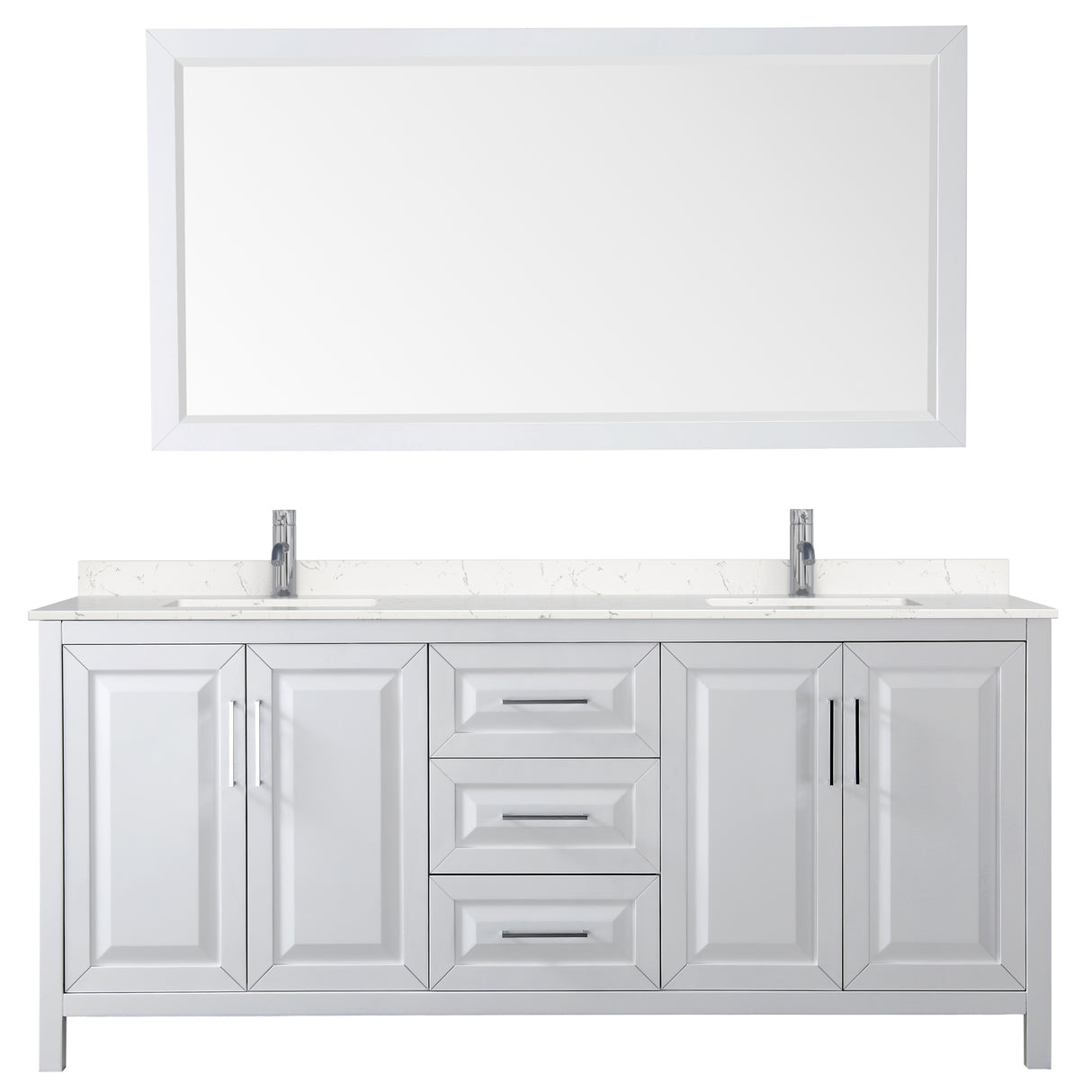 Daria 80 Inch Double Bathroom Vanity in White Carrara Cultured Marble Countertop Undermount Square Sinks 70 Inch Mirror