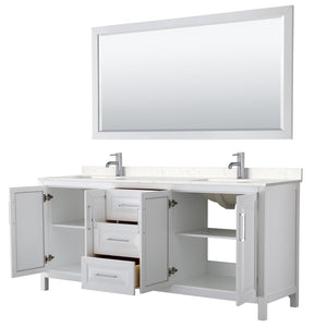 Daria 80 Inch Double Bathroom Vanity in White Carrara Cultured Marble Countertop Undermount Square Sinks 70 Inch Mirror