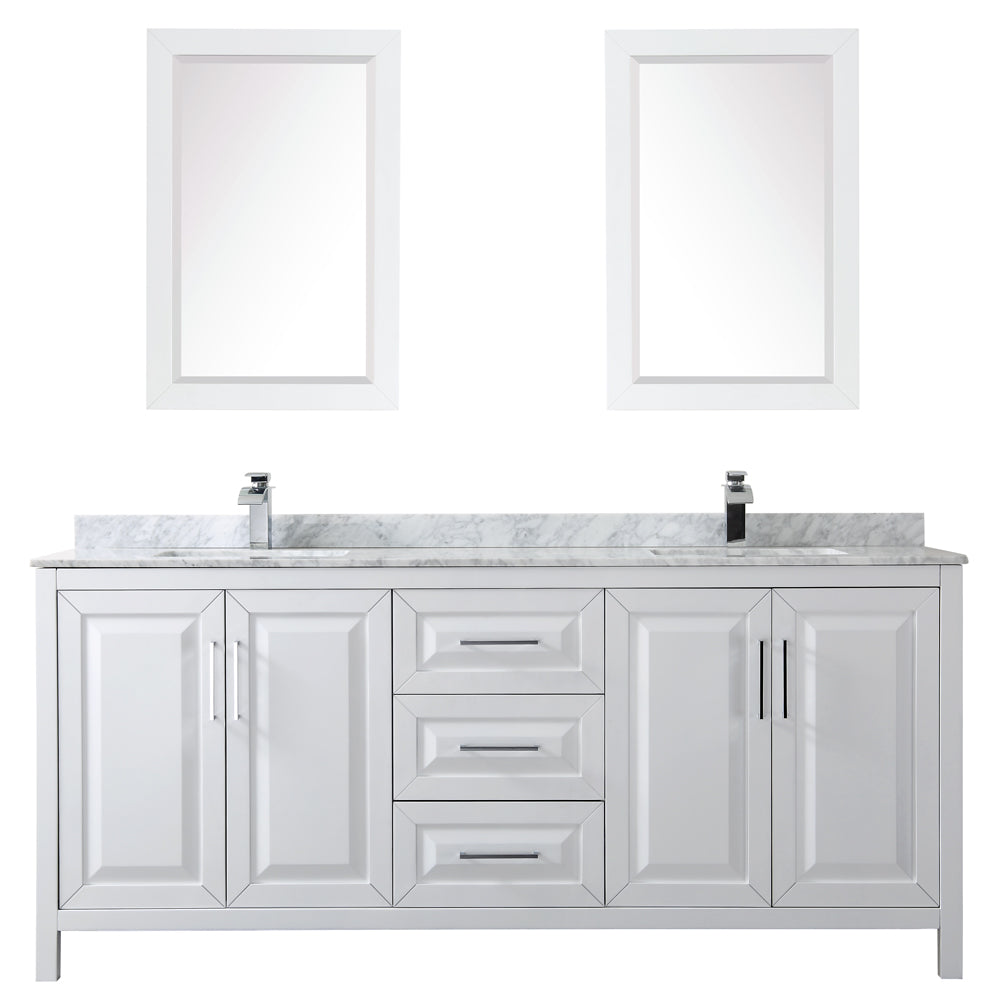 Daria 80 Inch Double Bathroom Vanity in White White Carrara Marble Countertop Undermount Square Sinks and 24 Inch Mirrors