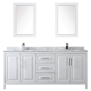 Daria 80 Inch Double Bathroom Vanity in White White Carrara Marble Countertop Undermount Square Sinks and 24 Inch Mirrors