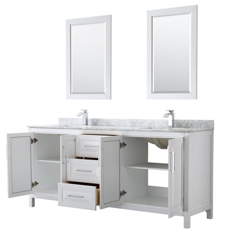 Daria 80 Inch Double Bathroom Vanity in White White Carrara Marble Countertop Undermount Square Sinks and 24 Inch Mirrors