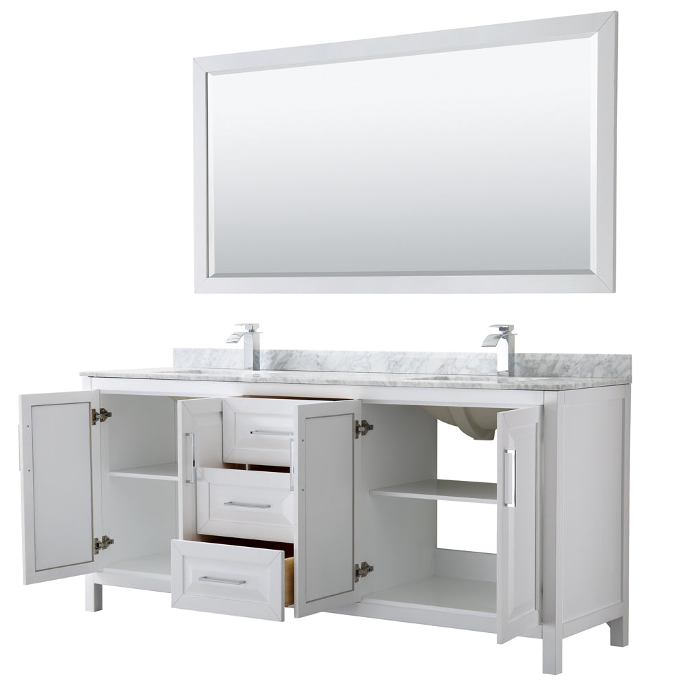 Daria 80 Inch Double Bathroom Vanity in White White Carrara Marble Countertop Undermount Square Sinks and 70 Inch Mirror