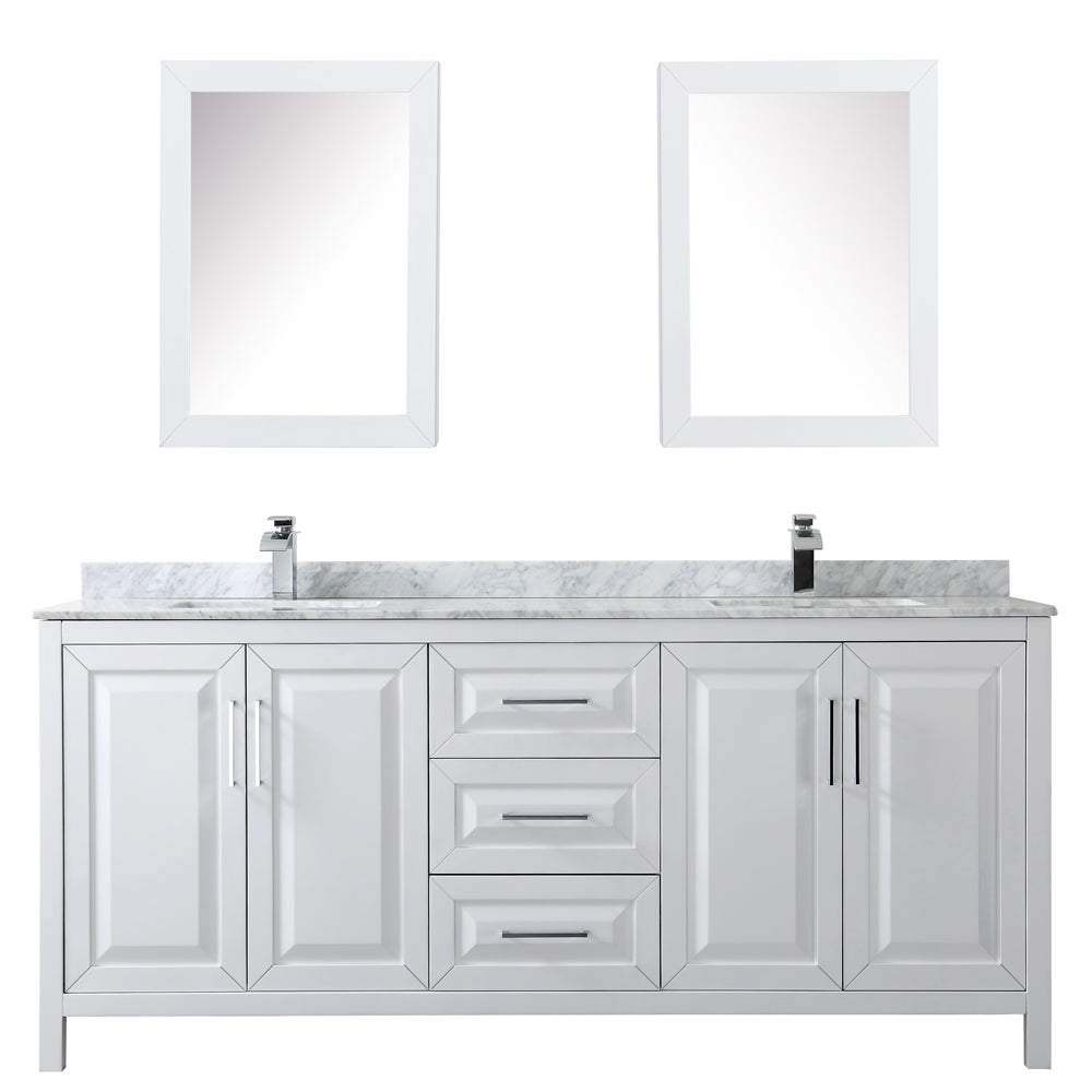Daria 80 Inch Double Bathroom Vanity in White White Carrara Marble Countertop Undermount Square Sinks and Medicine Cabinets