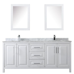 Daria 80 Inch Double Bathroom Vanity in White White Carrara Marble Countertop Undermount Square Sinks and Medicine Cabinets