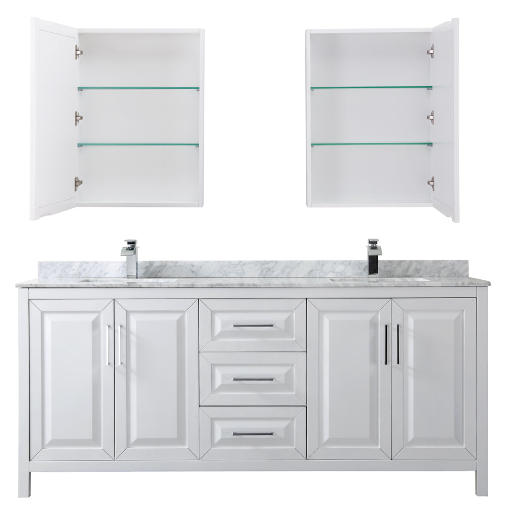 Daria 80 Inch Double Bathroom Vanity in White White Carrara Marble Countertop Undermount Square Sinks and Medicine Cabinets