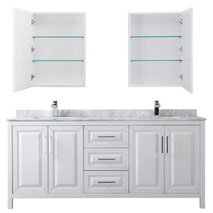 Daria 80 Inch Double Bathroom Vanity in White White Carrara Marble Countertop Undermount Square Sinks and Medicine Cabinets