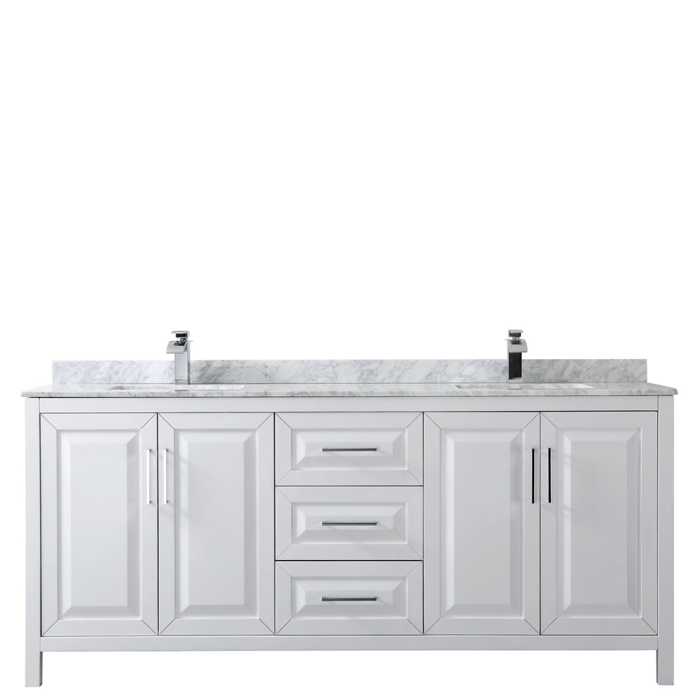 Daria 80 Inch Double Bathroom Vanity in White White Carrara Marble Countertop Undermount Square Sinks and No Mirror