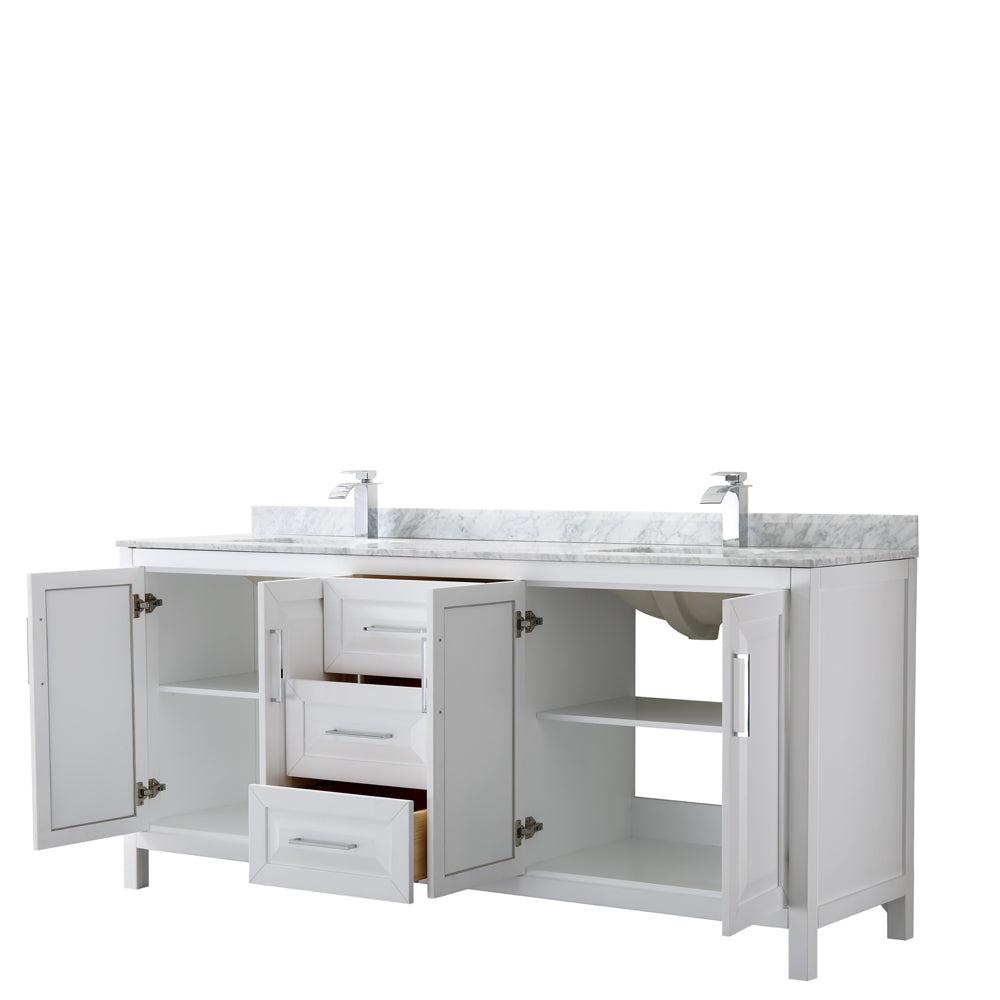 Daria 80 Inch Double Bathroom Vanity in White White Carrara Marble Countertop Undermount Square Sinks and No Mirror