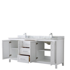 Daria 80 Inch Double Bathroom Vanity in White White Carrara Marble Countertop Undermount Square Sinks and No Mirror