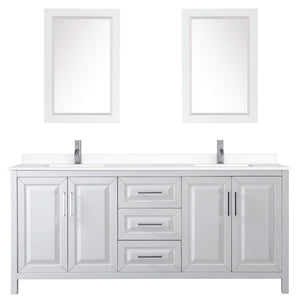 Daria 80 Inch Double Bathroom Vanity in White White Cultured Marble Countertop Undermount Square Sinks 24 Inch Mirrors