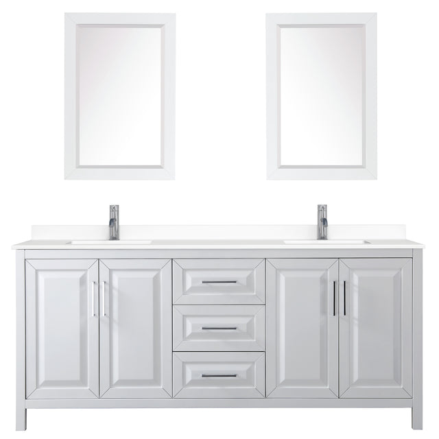 Daria 80 Inch Double Bathroom Vanity in White White Cultured Marble Countertop Undermount Square Sinks 24 Inch Mirrors