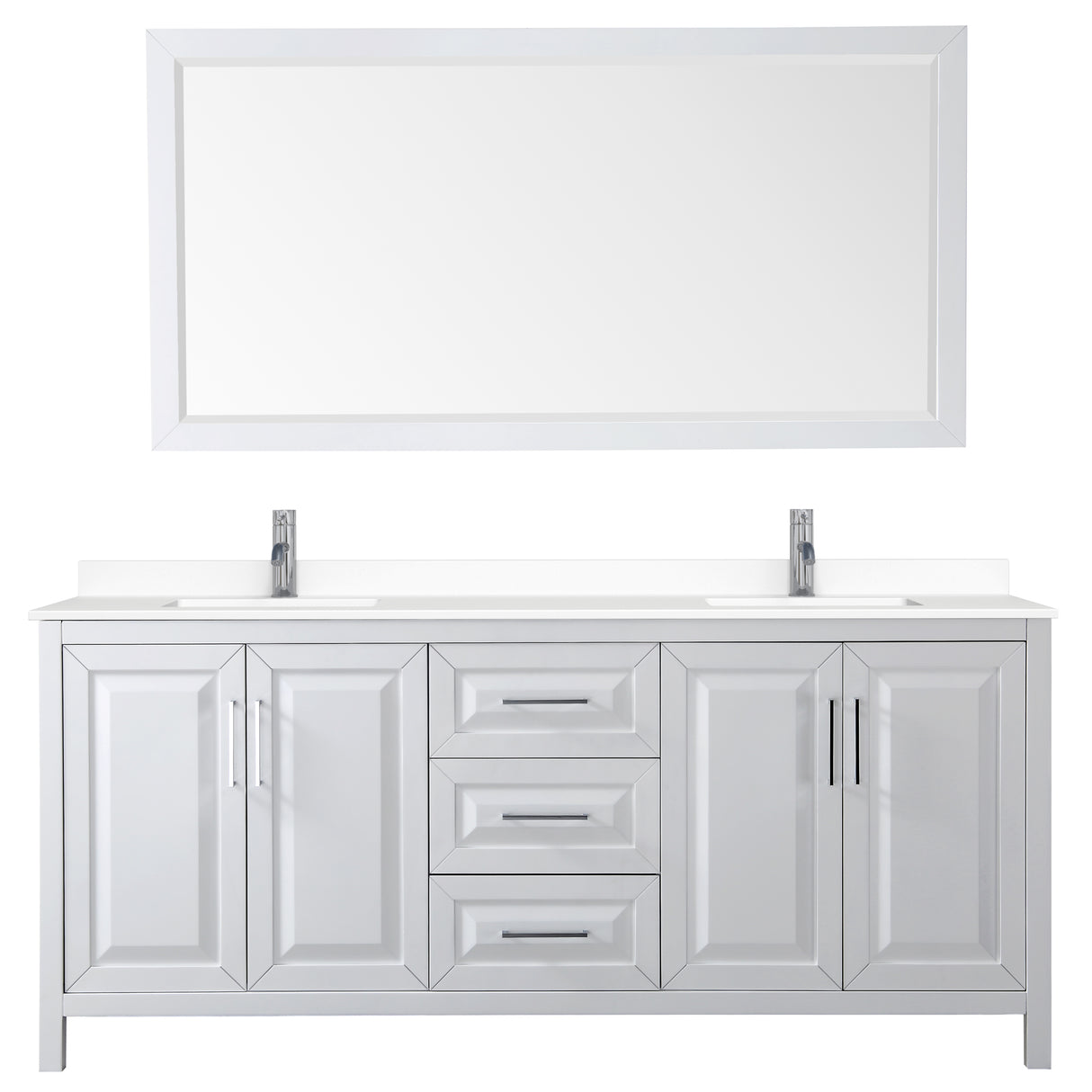 Daria 80 Inch Double Bathroom Vanity in White White Cultured Marble Countertop Undermount Square Sinks 70 Inch Mirror