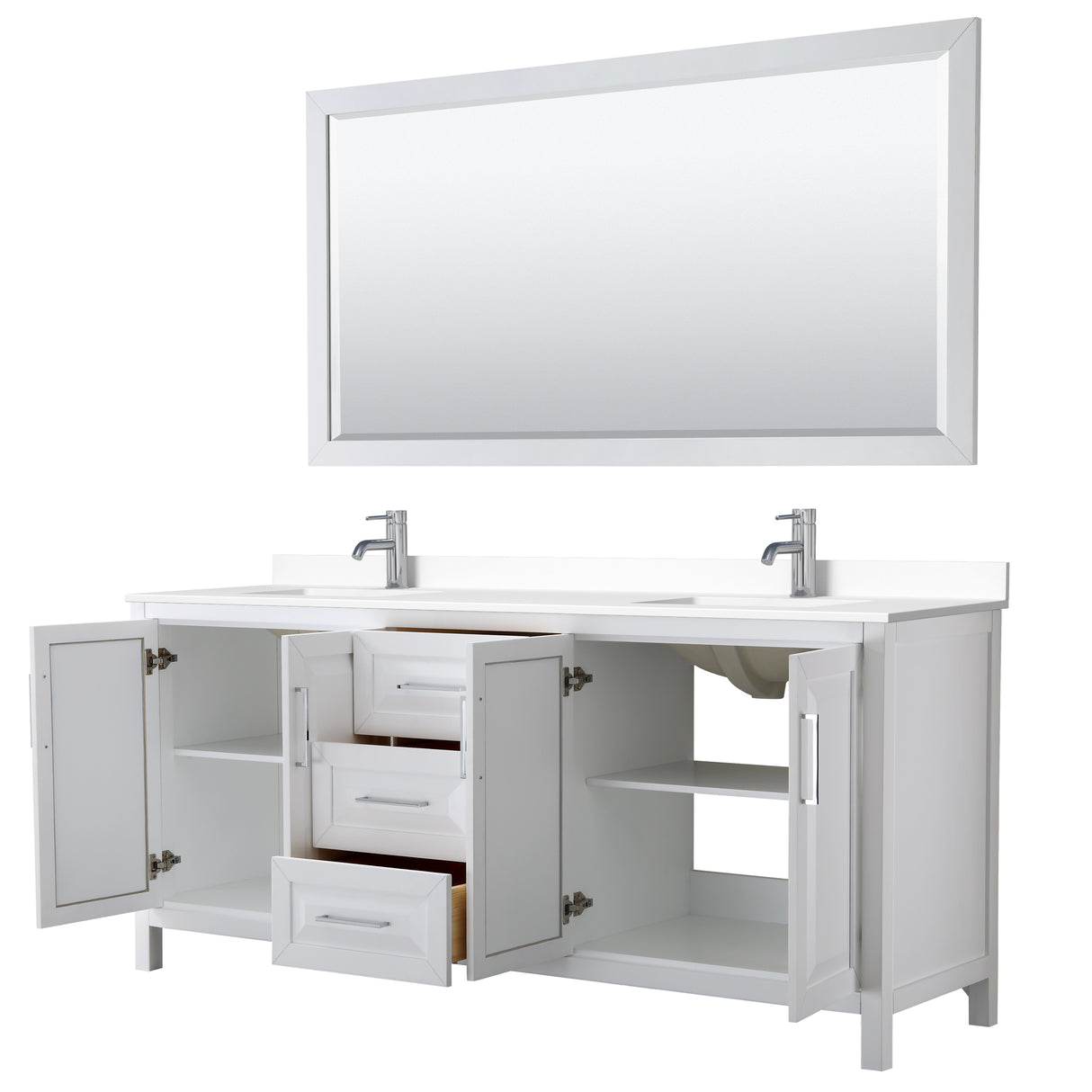 Daria 80 Inch Double Bathroom Vanity in White White Cultured Marble Countertop Undermount Square Sinks 70 Inch Mirror