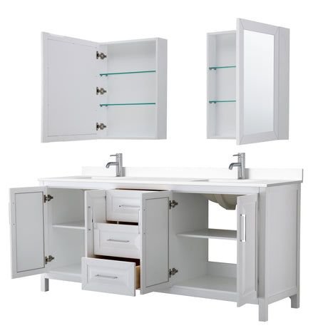 Daria 80 Inch Double Bathroom Vanity in White White Cultured Marble Countertop Undermount Square Sinks Medicine Cabinets