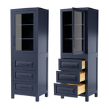 Daria Linen Tower in Dark Blue with Matte Black Trim Shelved Cabinet Storage and 3 Drawers