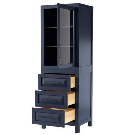 Daria Linen Tower in Dark Blue with Matte Black Trim Shelved Cabinet Storage and 3 Drawers