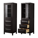 Daria Linen Tower in Dark Espresso with Matte Black Trim Shelved Cabinet Storage and 3 Drawers