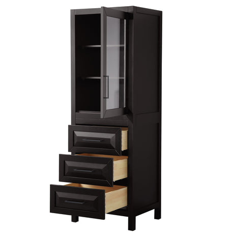 Daria Linen Tower in Dark Espresso with Matte Black Trim Shelved Cabinet Storage and 3 Drawers