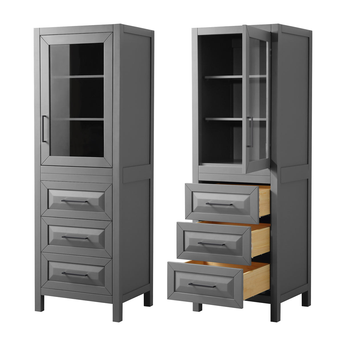 Daria Linen Tower in Dark Gray with Matte Black Trim Shelved Cabinet Storage and 3 Drawers