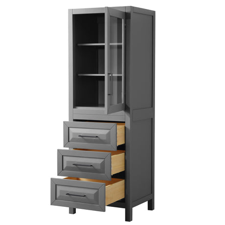 Daria Linen Tower in Dark Gray with Matte Black Trim Shelved Cabinet Storage and 3 Drawers
