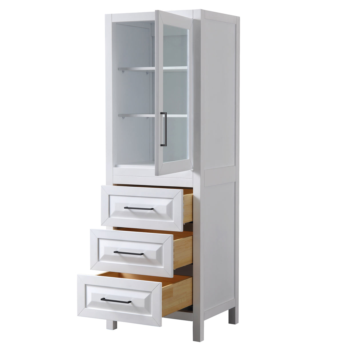 Daria Linen Tower in White with Matte Black Trim Shelved Cabinet Storage and 3 Drawers