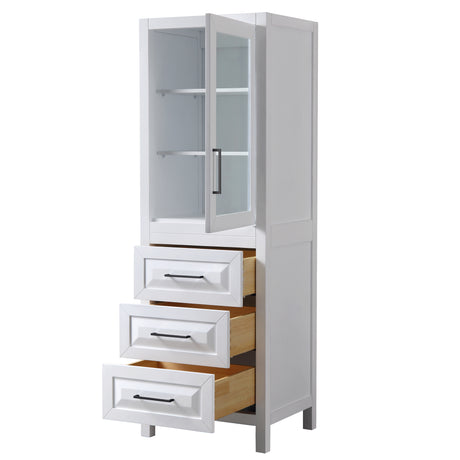 Daria Linen Tower in White with Matte Black Trim Shelved Cabinet Storage and 3 Drawers