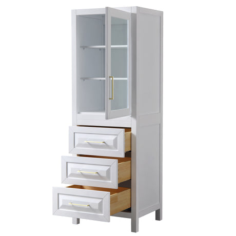 Daria Linen Tower in White with Brushed Gold Trim Shelved Cabinet Storage and 3 Drawers