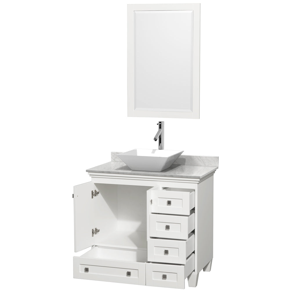Acclaim 36 Inch Single Bathroom Vanity in White White Carrara Marble Countertop Pyra White Porcelain Sink and 24 Inch Mirror