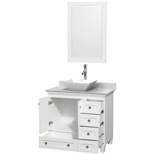 Acclaim 36 Inch Single Bathroom Vanity in White White Carrara Marble Countertop Pyra White Porcelain Sink and 24 Inch Mirror