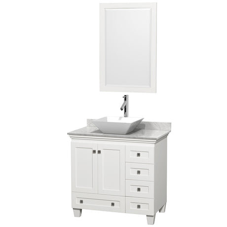 Acclaim 36 Inch Single Bathroom Vanity in White White Carrara Marble Countertop Pyra White Porcelain Sink and 24 Inch Mirror