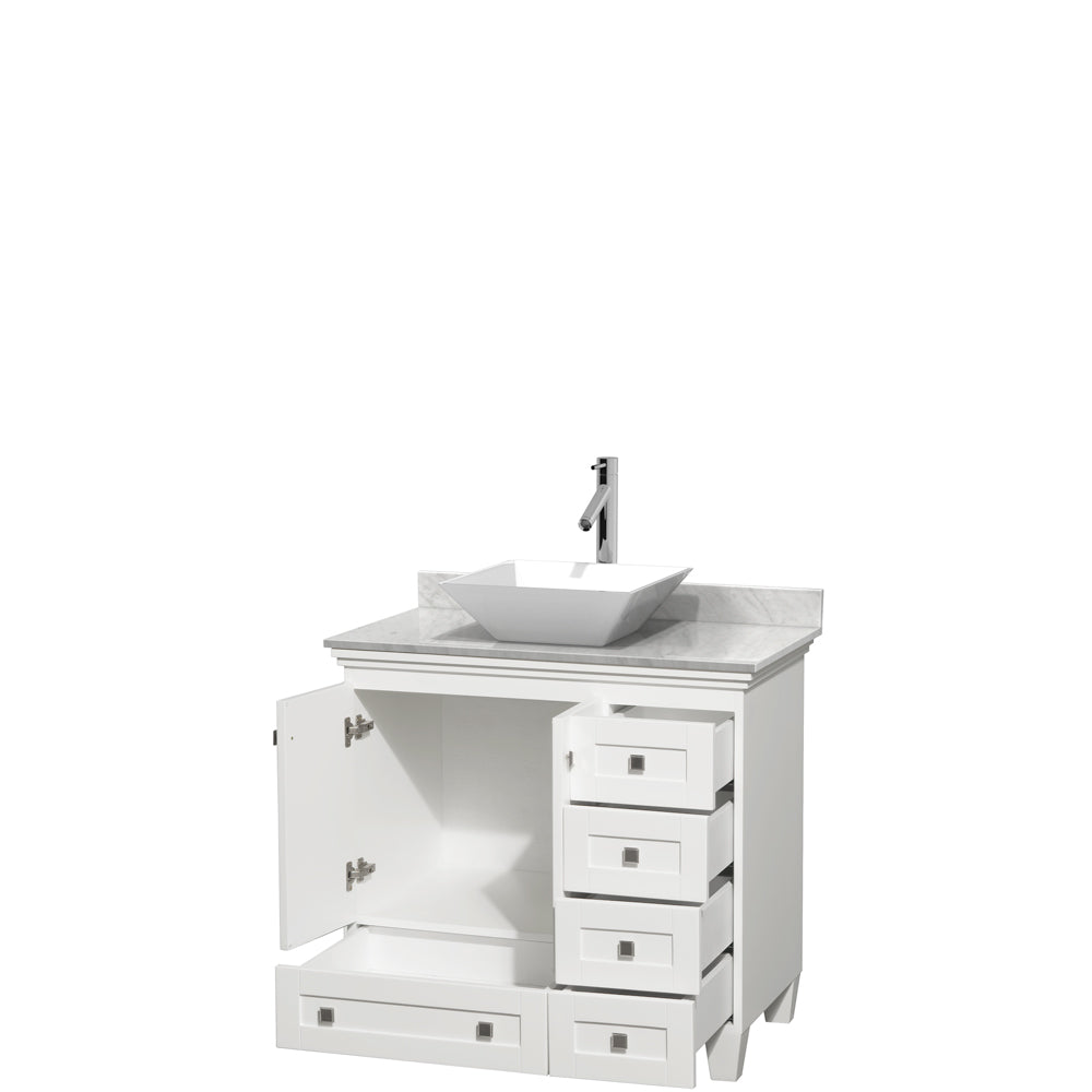 Acclaim 36 Inch Single Bathroom Vanity in White White Carrara Marble Countertop Pyra White Porcelain Sink and No Mirror