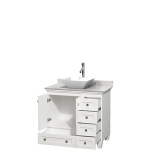 Acclaim 36 Inch Single Bathroom Vanity in White White Carrara Marble Countertop Pyra White Porcelain Sink and No Mirror