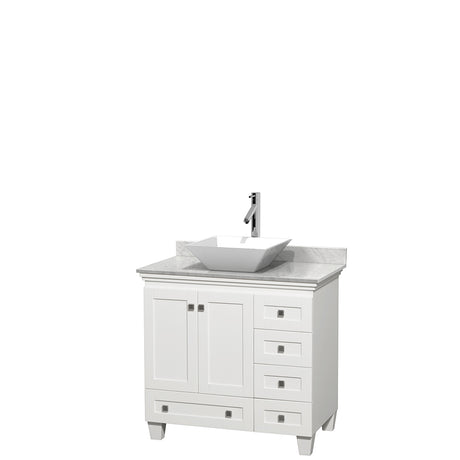 Acclaim 36 Inch Single Bathroom Vanity in White White Carrara Marble Countertop Pyra White Porcelain Sink and No Mirror