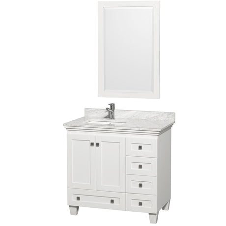 Acclaim 36 Inch Single Bathroom Vanity in White White Carrara Marble Countertop Undermount Square Sink and 24 Inch Mirror